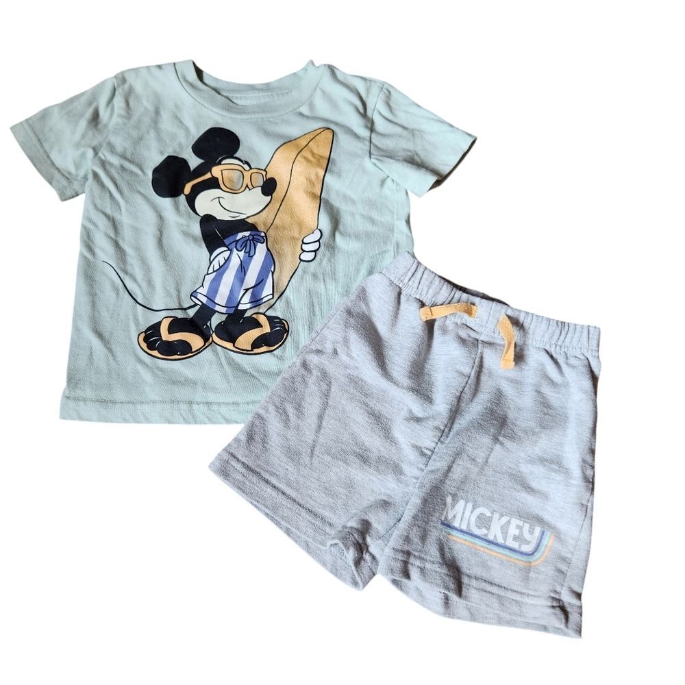 Disney baby Mickey Mouse Surfing T-Shirt & Shorts Set Size 18 months Green Gray